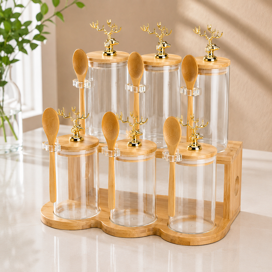 6 Piece Transparent Color Preserving Jar Set with Wooden Stand | Kitchen Storage Organizer