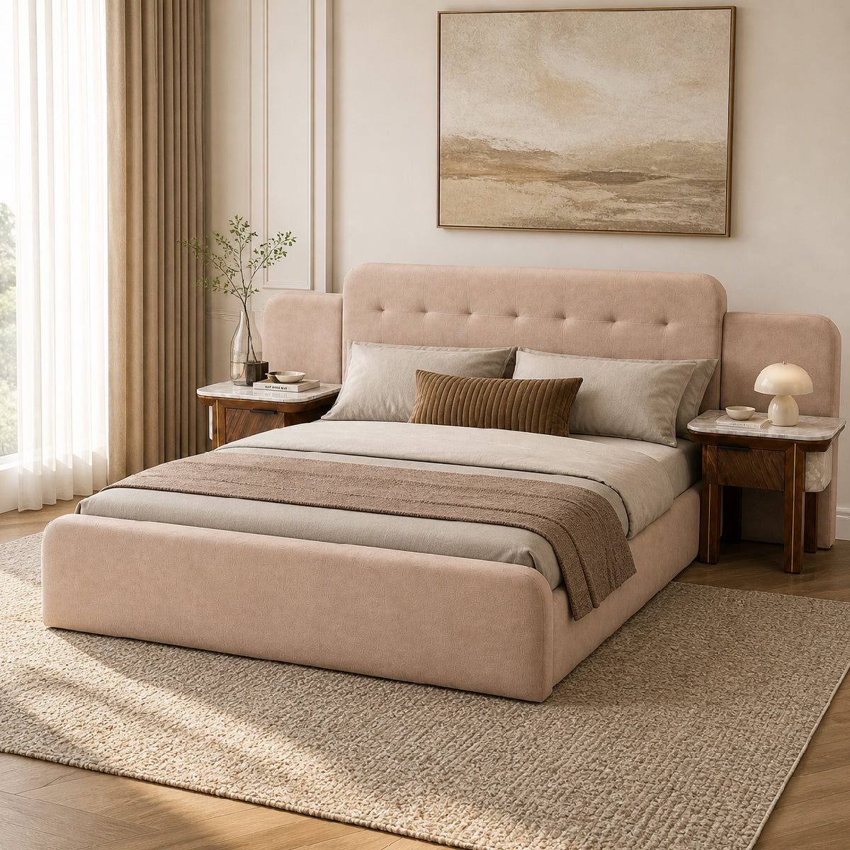 Clara King Size Bed | Luxury Upholstered Bed with Marble Accent Side Tables - Habitt