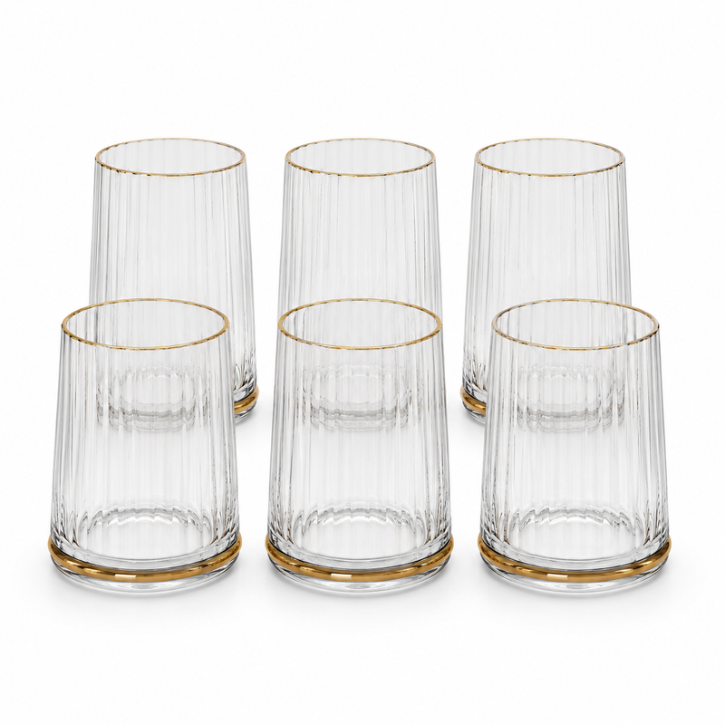 6 Pcs Clear Ribbed Glass Set with Golden Rim & Base – Elegant Drinking Glass Set