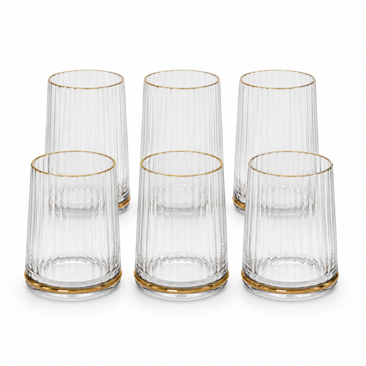 6 Pcs Clear Ribbed Glass Set with Golden Rim & Base – Elegant Drinking Glass Set