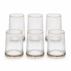 6 Pcs Clear Ribbed Glass Set with Golden Rim & Base – Elegant Drinking Glass Set