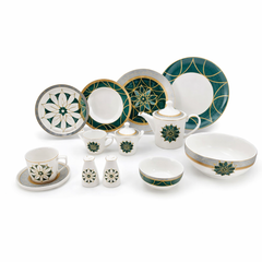 Elegant Green & Gold Dinner Set – Luxury Geometric Floral Tableware Collection