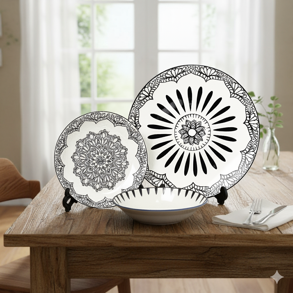 6 Person 18-Piece Black & Grey Mandala Ceramic Dinnerware Set – Elegant Mandala Tableware