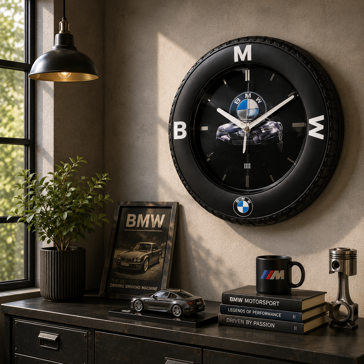 Little Racer Heritage Wall Clock 12.5 Inch – Sports Car Themed Designer Wall Clock with Tire Frame & Modern Black Finish