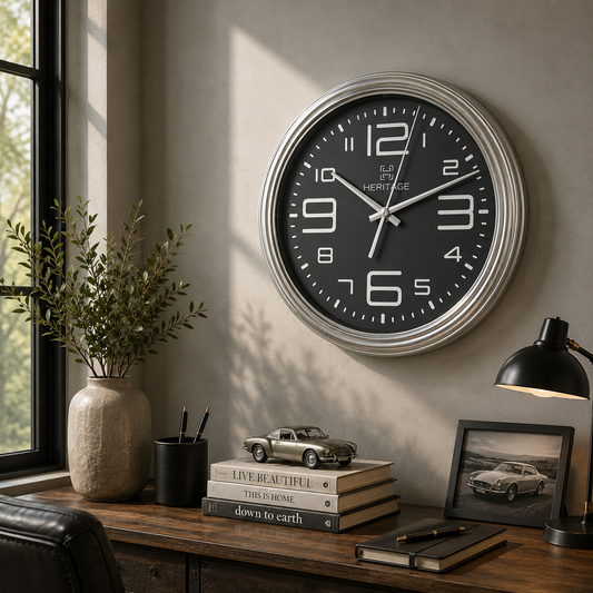 Heritage 15-Inch Modern Grey Wall Clock with Silver Frame – Silent Sweep Movement Decorative Clock for Home & Office