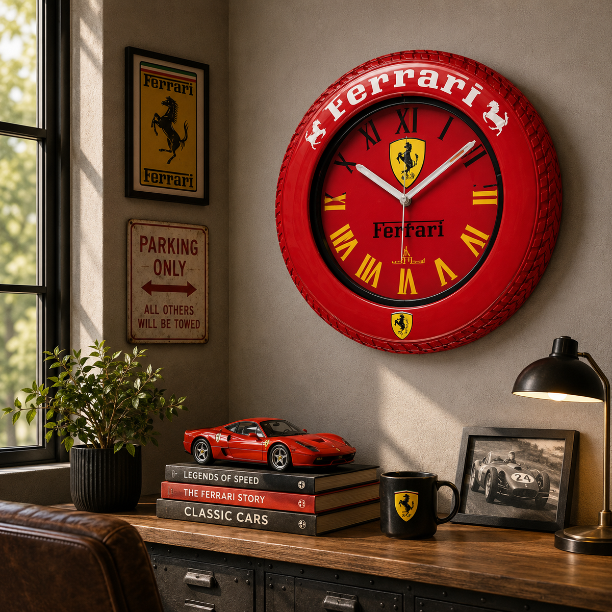 Little Racer Heritage Wall Clock 12.5 Inch – Red Sports Car Theme Wall Clock with Tire Frame & Roman Numerals