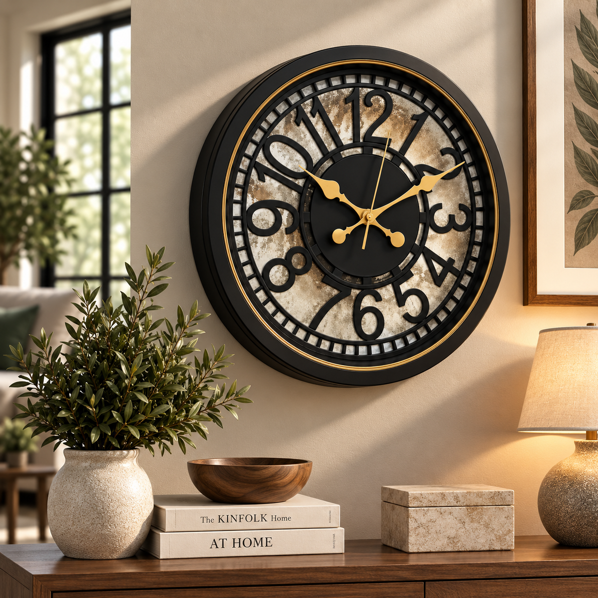 Heritage Retro Wall Clock 15 Inch – Black & Gold Vintage Design with Ornate Center and Raised Numerals (Plastic)