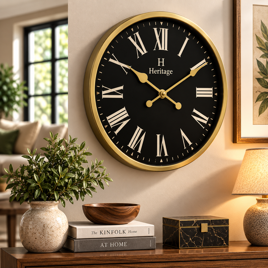 SCOTTISH 20" Heritage Wall Clock – Black Dial with Gold Plastic Frame and Roman Numerals