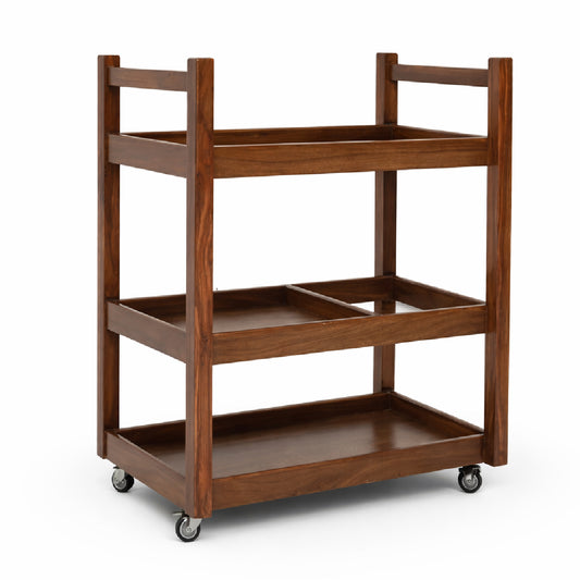 Nysa Solid Wood Tea Trolley with Wheels – 3 Tier Serving Cart, Mobile Kitchen & Dining Storage Rack - Habitt