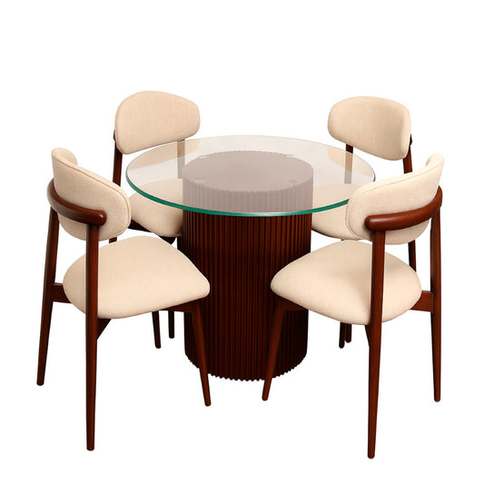 Ria 4-Person Dining Table Set – Modern Round Glass Top with Wooden Base & Upholstered Chairs