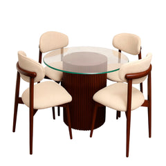 Ria 4-Person Dining Table Set – Modern Round Glass Top with Wooden Base & Upholstered Chairs