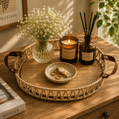 Small Handwoven Natural Decorative Tray with Wooden Base & Leather Handles – 10 x 14 Inch