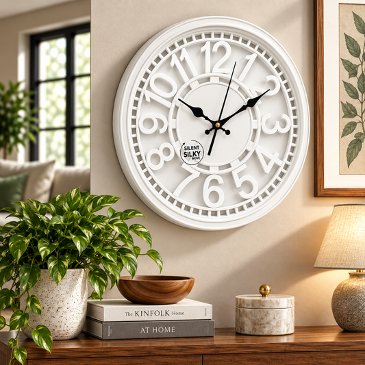 Heritage 15-Inch Vintage Style Wall Clock with Silent Sweep Movement – Decorative White Plastic Frame for Home & Office