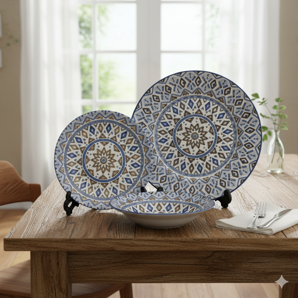 6 Person 18-Piece Blue Floral & Geometric Border Plate Set – Elegant Ceramic Dinnerware Collection