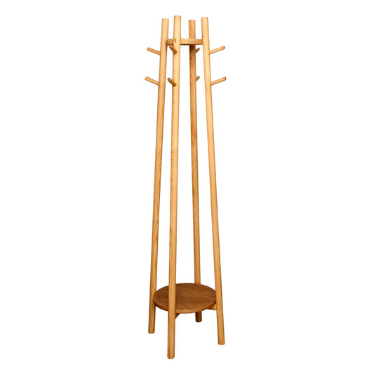 Wooden Coat Tree – Modern Standing Coat & Hat Rack with Storage Shelf