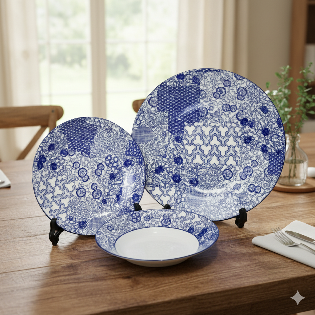 6 Person 18-Piece Blue Floral Classic Plate Set – Elegant Ceramic Dinnerware Collection