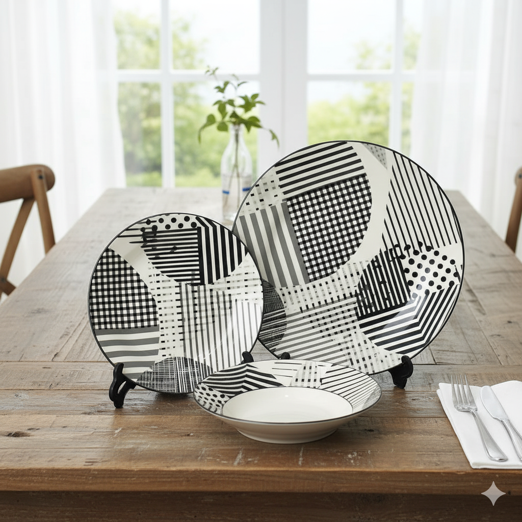6 Person 18-Piece Black & White Abstract Line/Grid Plate Set – Modern Ceramic Dinnerware Collection