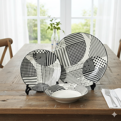 6 Person 18-Piece Black & White Abstract Line/Grid Plate Set – Modern Ceramic Dinnerware Collection