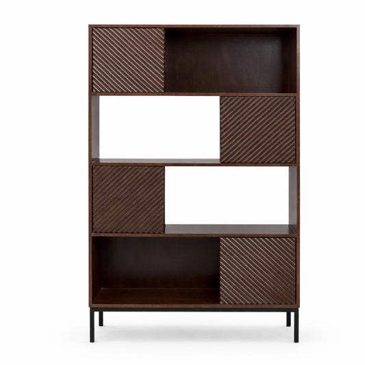 Oaklin Wooden Display Shelf with Sliding Textured Doors – Modern Storage Bookcase & Cabinet Unit - Habitt