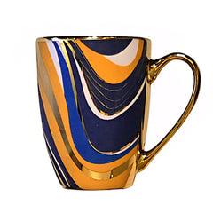 Ceramic Coffee Mug with Gold Handle – Blue & Yellow Swirl Pattern