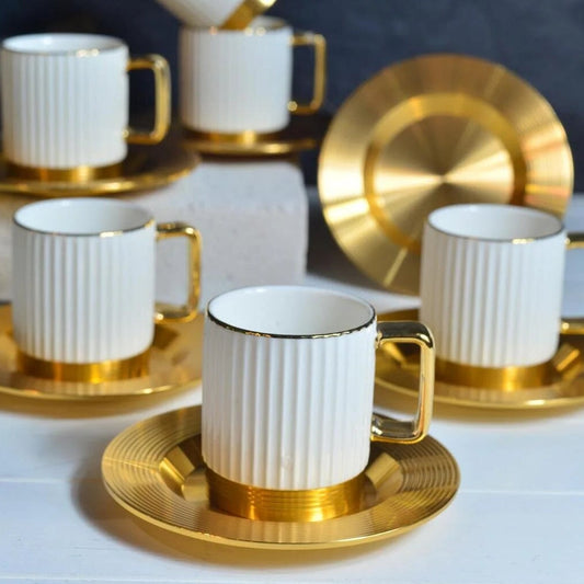 Luxury Metal Cup & Saucer Set – White and Gold Tea Coffee Cups - Habitt