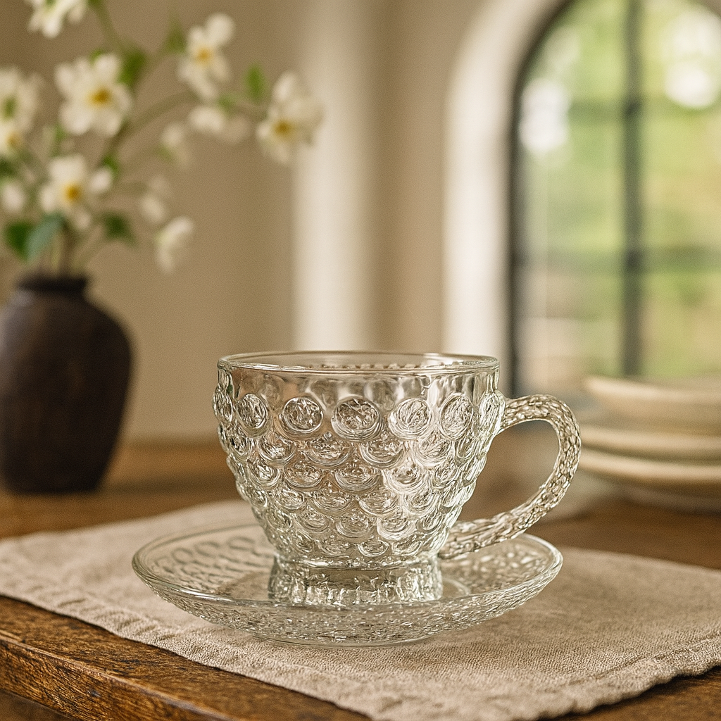 Textured Glass Cup & Saucer Set – 12-Piece Premium Patterned Glassware (210 ml Cups)