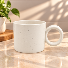 White Ceramic Mug with Round Handle – 450ml Minimalist Speckled Coffee & Tea Mug