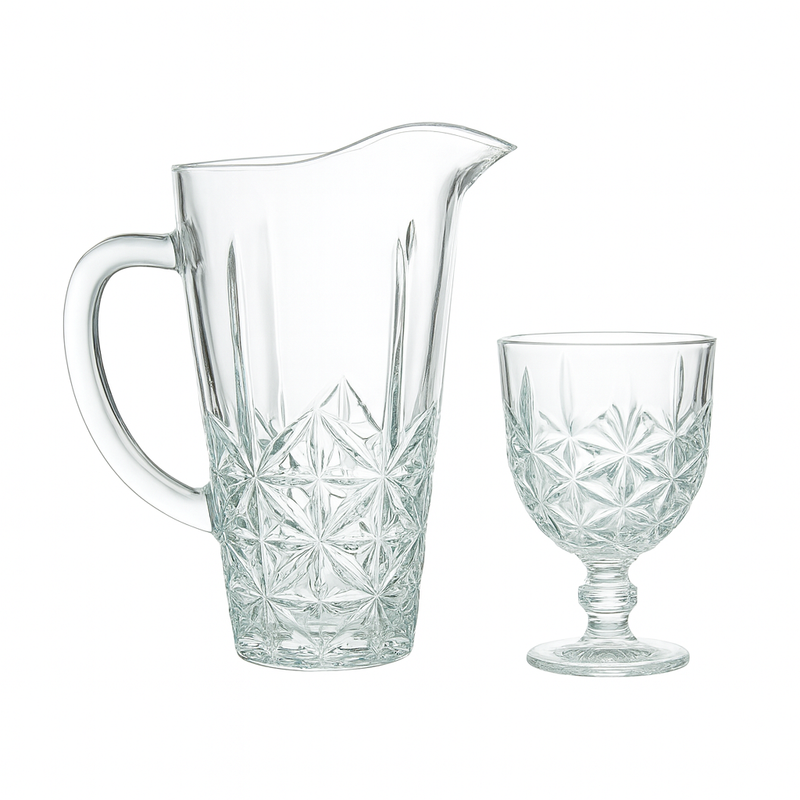Elegant Cut-Glass Water Set – 7-Piece Set (1.2 L Jug + 340 mL Stemmed Glasses) - Habitt