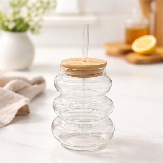 Straw Glass – Curved Textured Tumbler with Bamboo Lid & Reusable Straw - Habitt