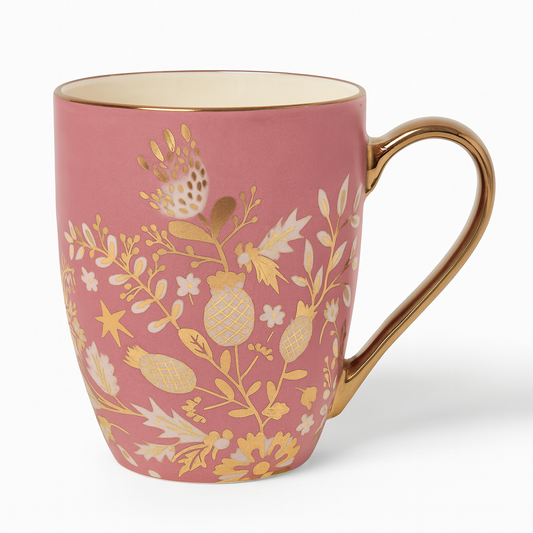 Floral Teal pink Ceramic Mug with Gold Handle – Elegant Coffee &amp; Tea Cup