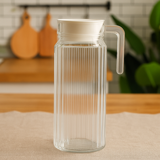 Ribbed Clear Glass Jug 1100 ml with Handle & Lid – Slim Water & Juice Pitcher for Everyday Serving