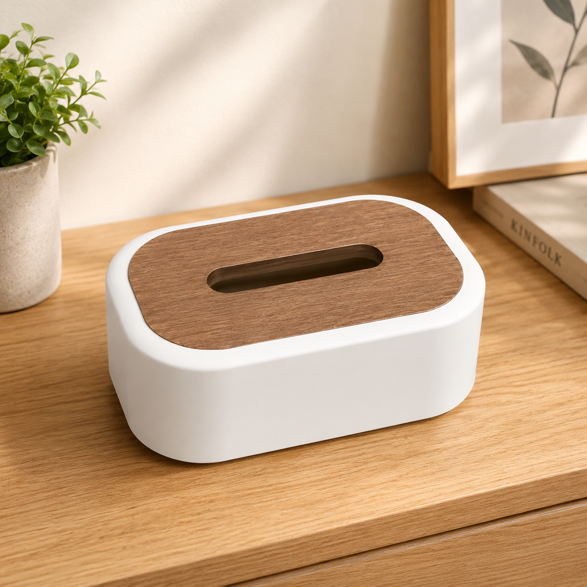 Premium Oval White Tissue Box Holder with Wooden Lid | Modern Tissue Paper Storage Box for Home, Office, Bathroom & Living Room