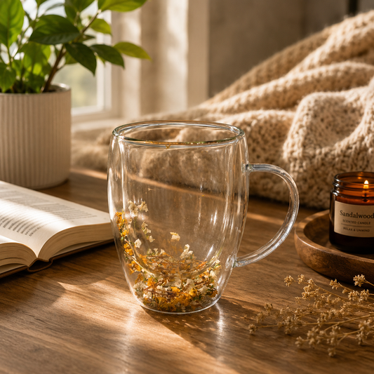 Rustic Floral Double Wall Glass Mug – Handmade Transparent Tea & Coffee Cup