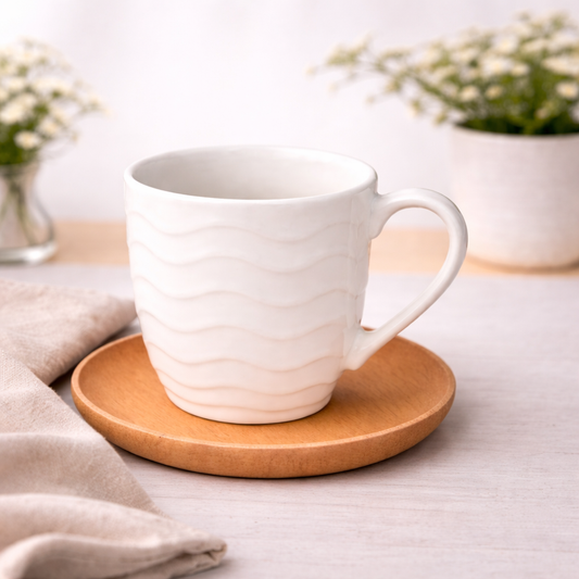6 Pcs Cups & Bamboo Saucers – White Ceramic Tea Set