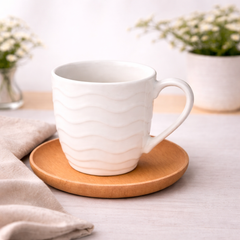 6 Pcs Cups & Bamboo Saucers – White Ceramic Tea Set