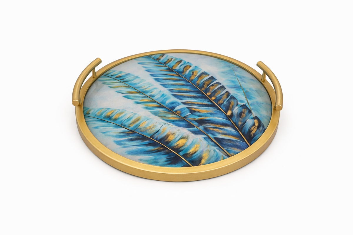 Luxury Blue Feather Print Serving Tray – Round Decorative Metal Tray with Gold Handles