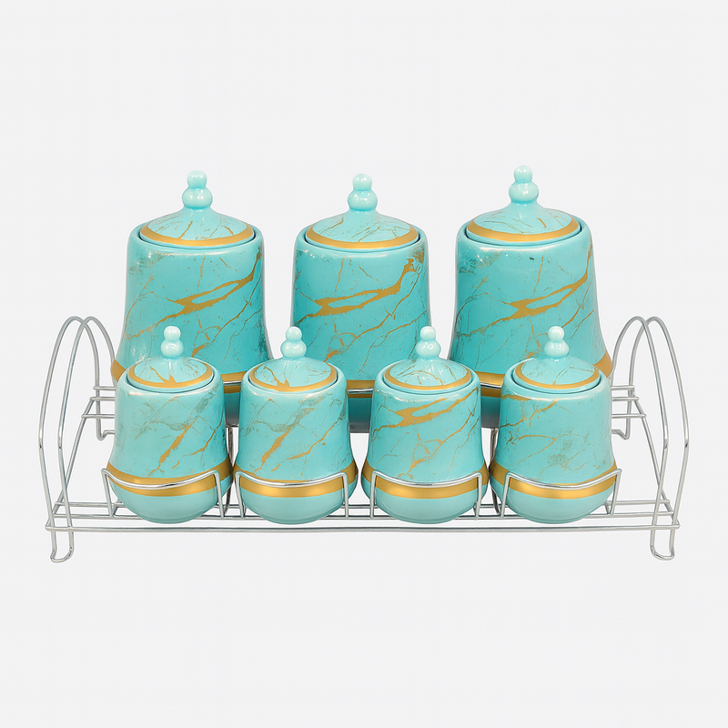 7 Pcs Canister Set with Ceramic Lid 2713-B – Blue Marble Kitchen Storage Jars - Habitt