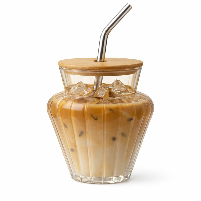 Aqua Blossom Glass Mason Jar – Elegant Ribbed Drink Jar with Wooden Lid & Steel Straw - Habitt