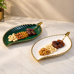 Leaf Shape Platter Single Green & White Decorative Serving Plate