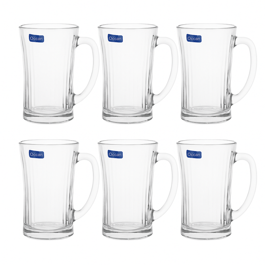 Clear Flared Glass Juice Mug 320 ml with Handle – Set of 6 | Elegant Everyday Drinkware for Home & Café