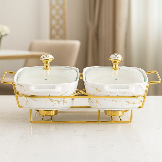 13" Twin Rectangular Marble-Design Ceramic Casserole With Gold Stand – Dual Serving Dish