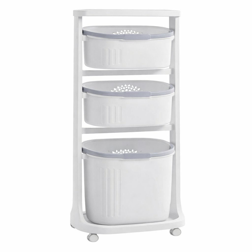 3 Tier Rolling Laundry Basket – Multi-Level Storage Organizer with Wheels (Grey) - Habitt