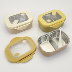 1Pc SS Lunch Box Half-and-Half Design – Dual Section Lunch Container with Spoon (Yellow, Brown, White)