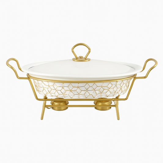 Luxury 15" Ceramic Casserole With Gold Metal Stand – Large Serving & Warming Dish