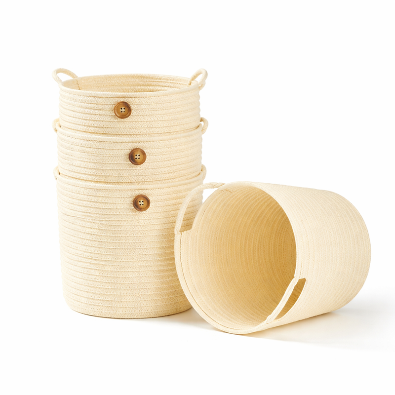 1 Pc Decorative Circular Storage Basket with Handles – Foldable Cotton Rope Organizer with Button Detail for Kitchen & Home - Habitt