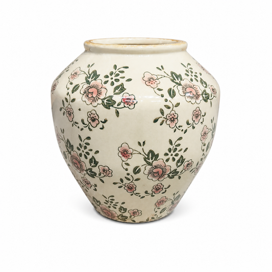 Floral Green Ceramic Vase – Large Round Decorative Flower Vase with Hand-Painted Botanical Design for Home & Living Décor