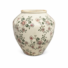 Floral Green Ceramic Vase – Large Round Decorative Flower Vase with Hand-Painted Botanical Design for Home & Living Décor