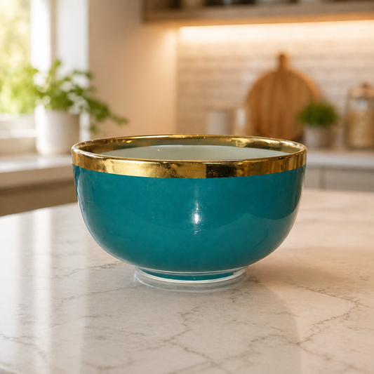Elegant Teal Ceramic Bowl with Gold Rim – Luxury Serving Bowl for Dining, Kitchen Décor & Table Styling - Habitt