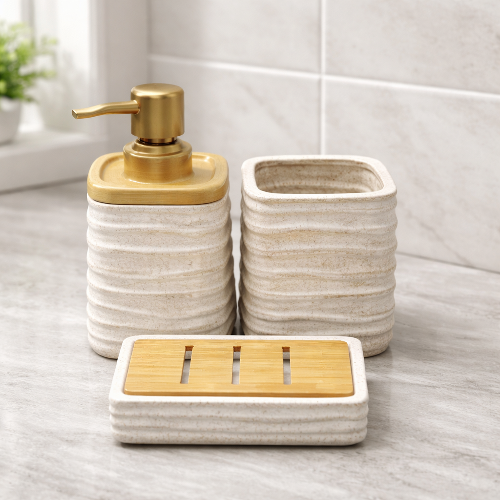 3-Piece Square Bathroom Accessories Set – Beige, Black & White Color Soap Dispenser, Toothbrush Holder & Soap Dish - Habitt