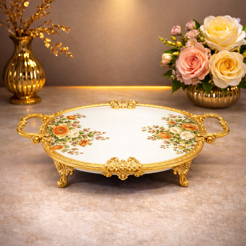 Oval Flat Tray 8C – Elegant Floral Decorative Serving Tray (33x21x6cm) - Habitt